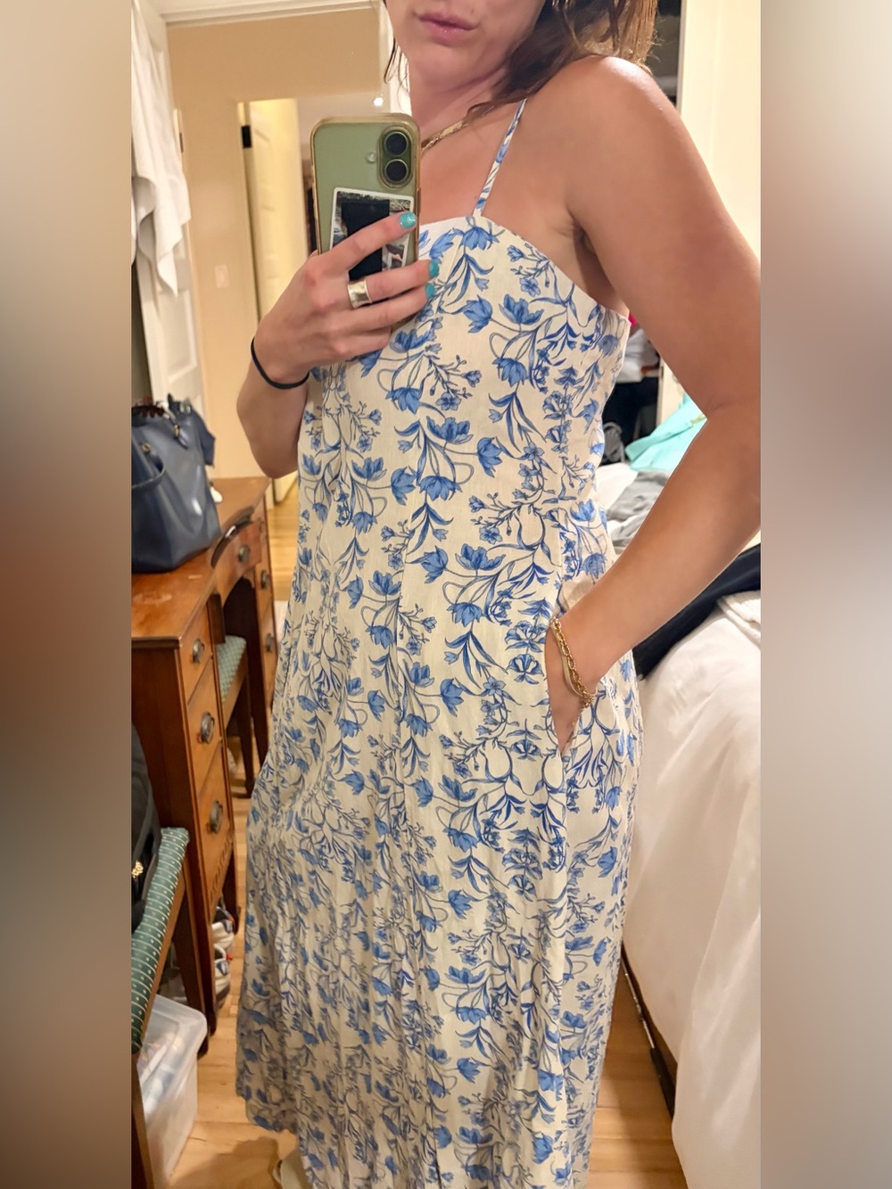 1.STATE Blue White Floral Linen Blend Maxi Dress with Pockets Size M - Picture 4 of 10